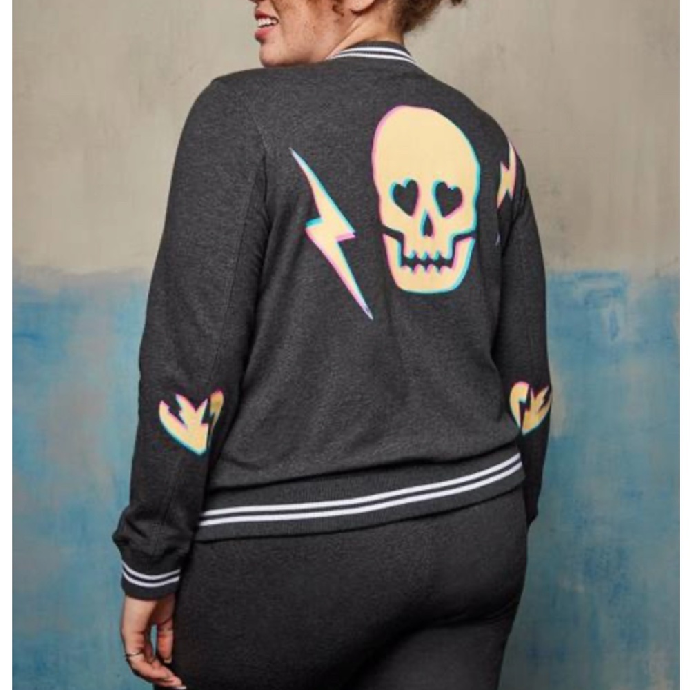 Torrid - LoveSick Skull Bolt Charcoal Heather Fleece Relaxed Bomber Jacket - 3X